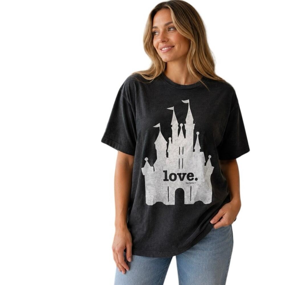 The Home T Disney Castle Home Charcoal Gray Heather Graphic T-Shirt Womens Large